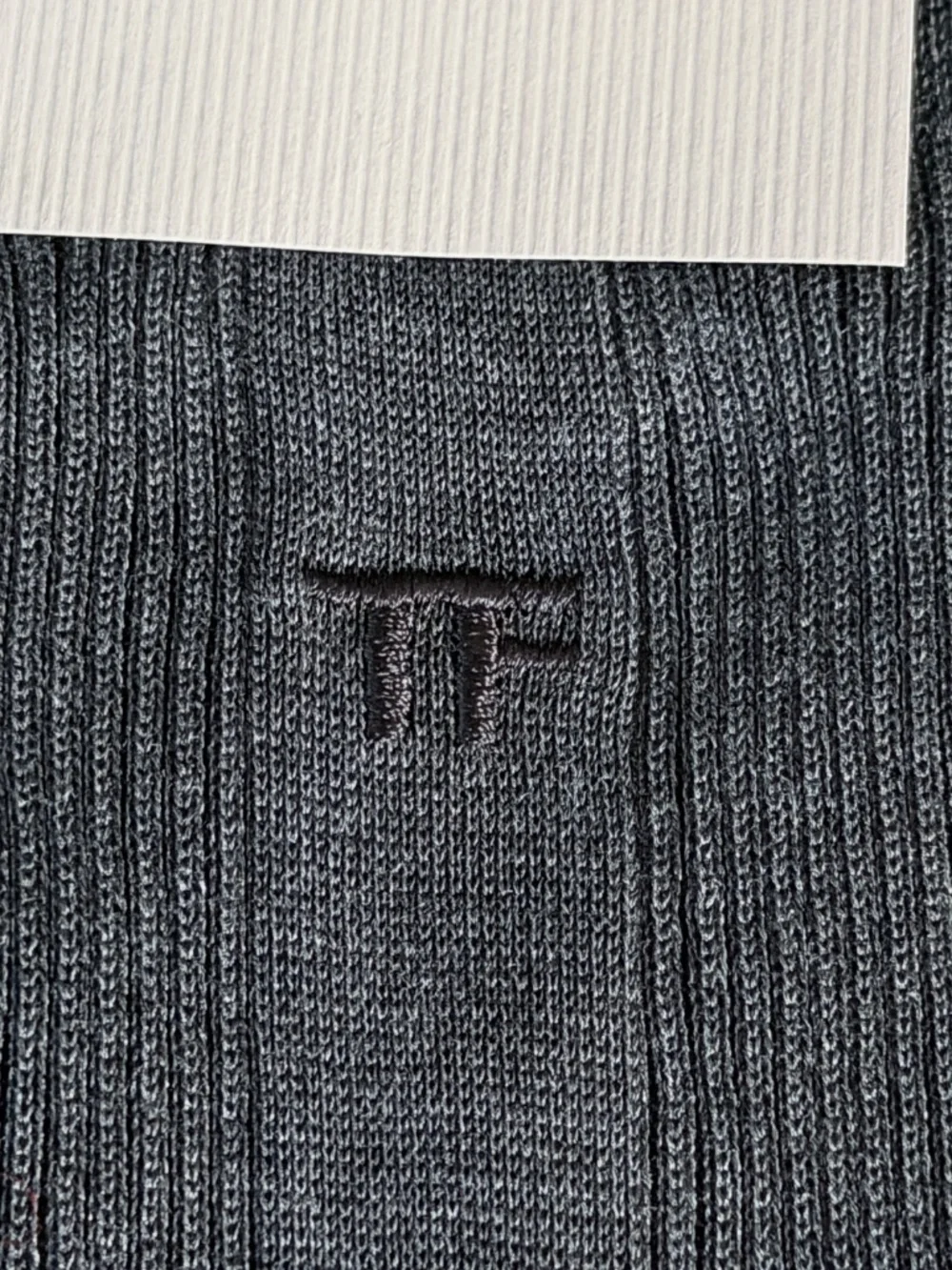 Tom Ford Charcoal Gray Embroidered TF Logo Ribbed Cotton Soft Dress Crew Socks
